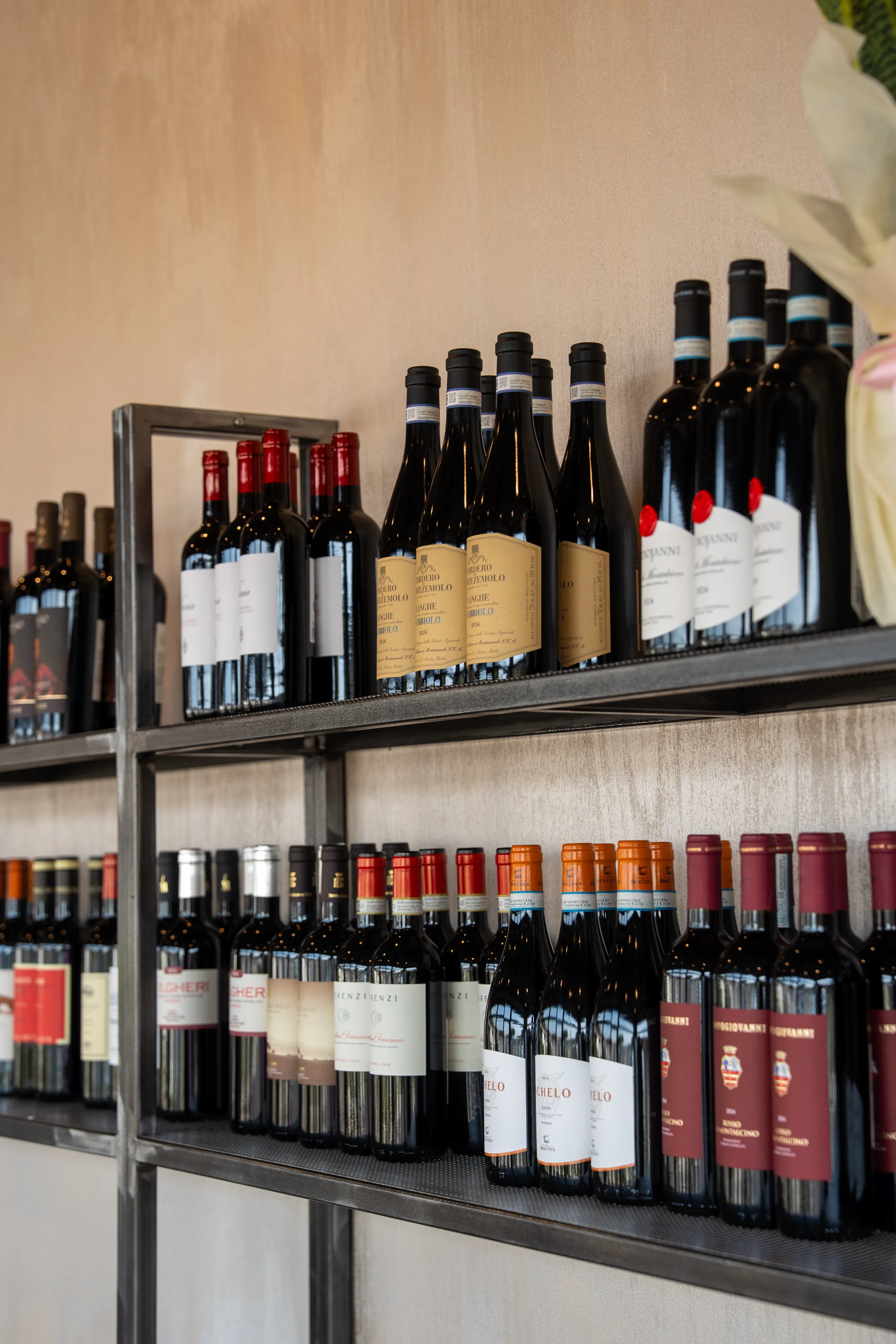 Scaffale di vini Bolgheri e Montalcino